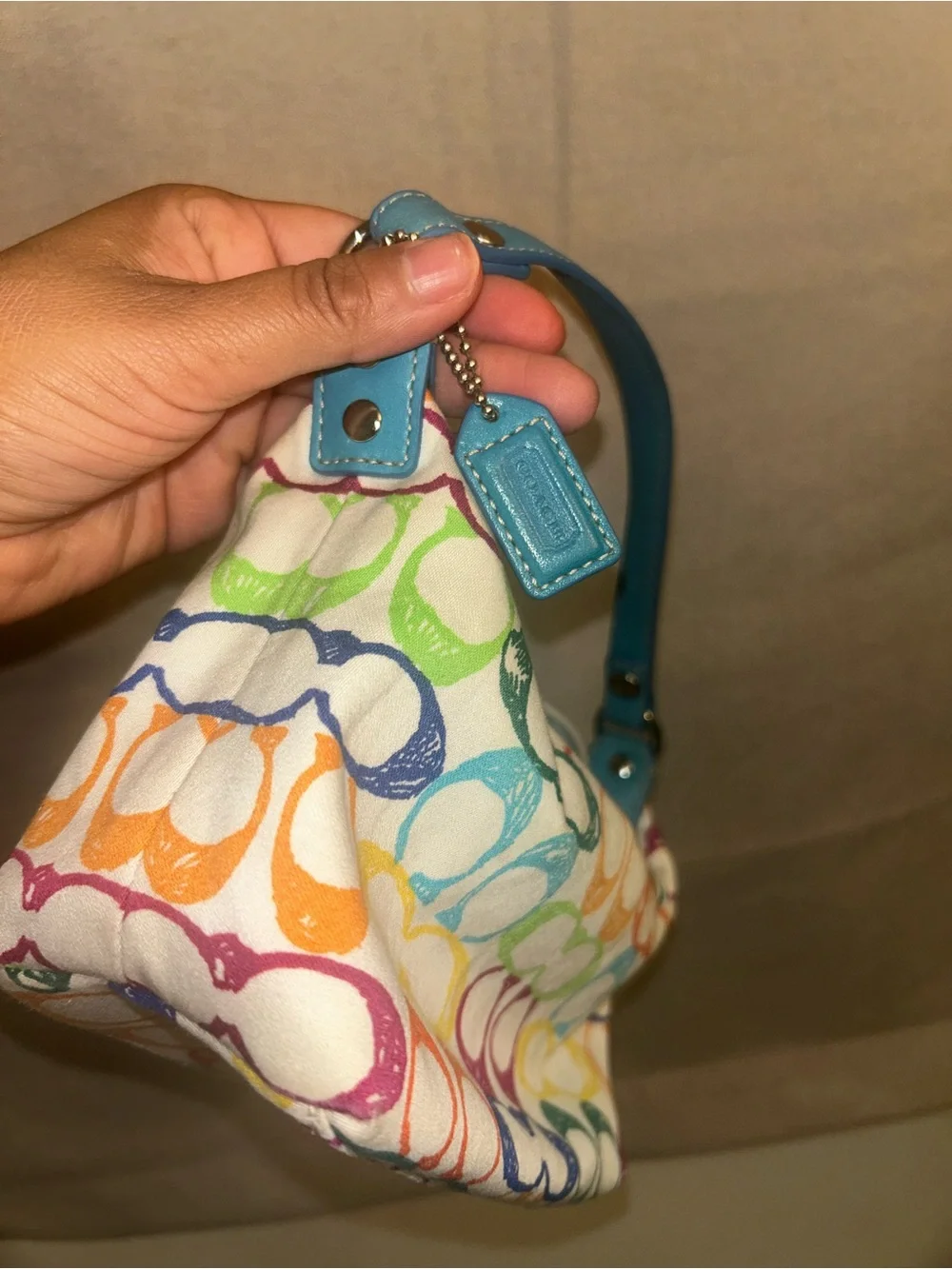 Coach Multicolor Signature Canvas Shoulder Bag with Teal Handle